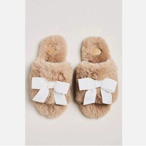 NWT Anthropologie Maeve Faux Fur Open Toe Bow Slippers Taupe Size M 8-9